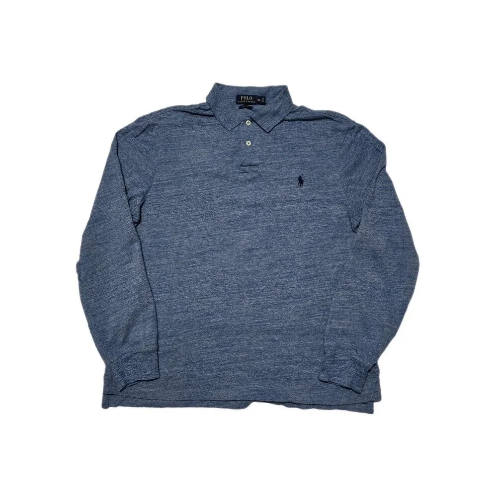 Polo Ralph Lauren Men's XL Blue Heathered Long-sleeve Cotton Polo Shirt Slim Fit